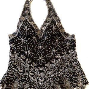 Holiday Black and Silver Beaded Halter Top Vintage Size Medium